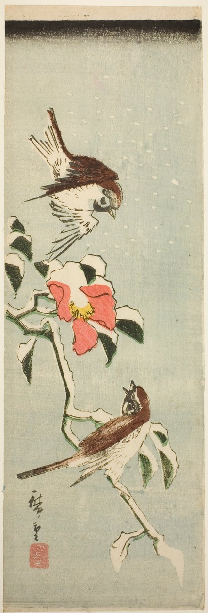 Spurve og kamelia i sne af Utagawa Hiroshige