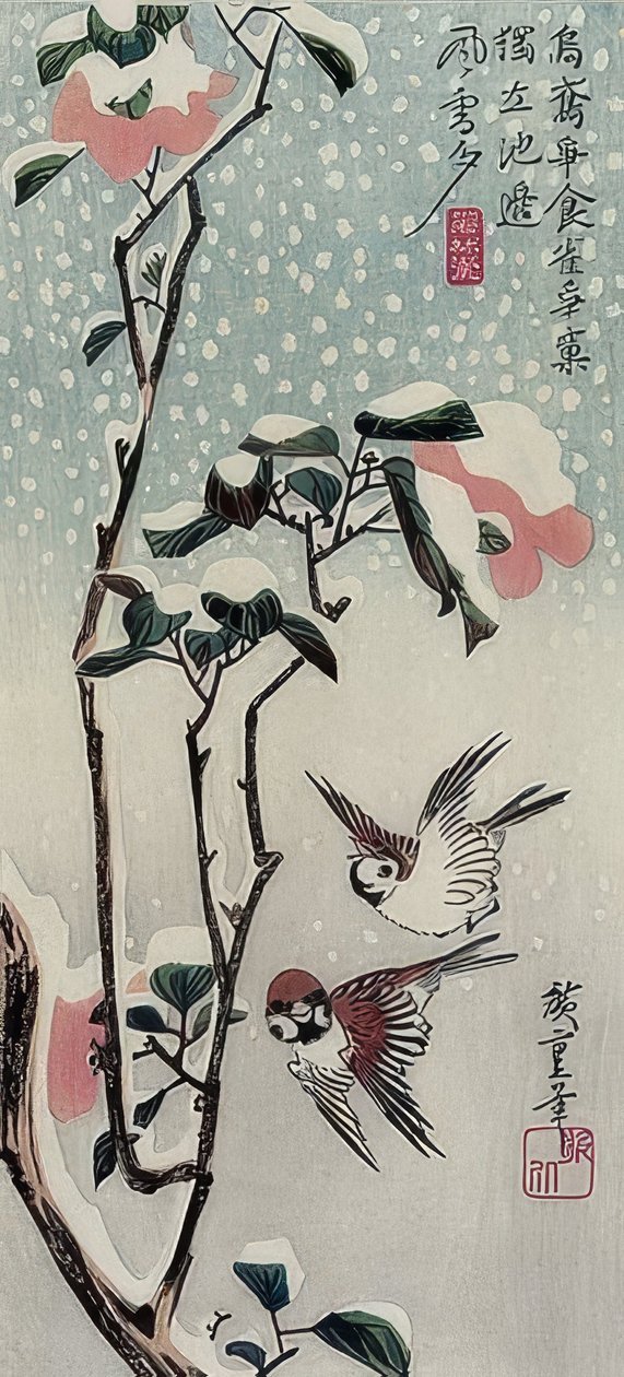 Spurve og kameliaer i sneen af Utagawa Hiroshige