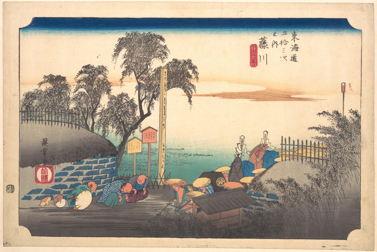 Station otteogtredive: Fujikawa, scene ved grænsen, fra Tokaidos treoghalvtreds stationer af Utagawa Hiroshige