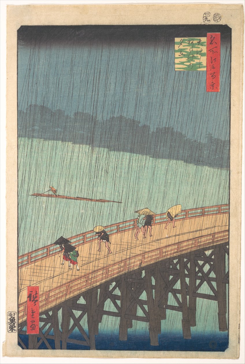 Pludselig regnbyge over Shin-Ōhashi-broen og Atake (Ōhashi Atake no yūdachi), fra serien »Hundrede berømte udsigter fra Edo« (Meisho Edo hyakkei) af Utagawa Hiroshige