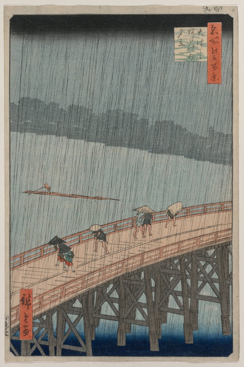 Sudden Shower over Shin-Ōhashi Bridge og Atake, fra serien One Hundred Famous Views of Edo af Utagawa Hiroshige