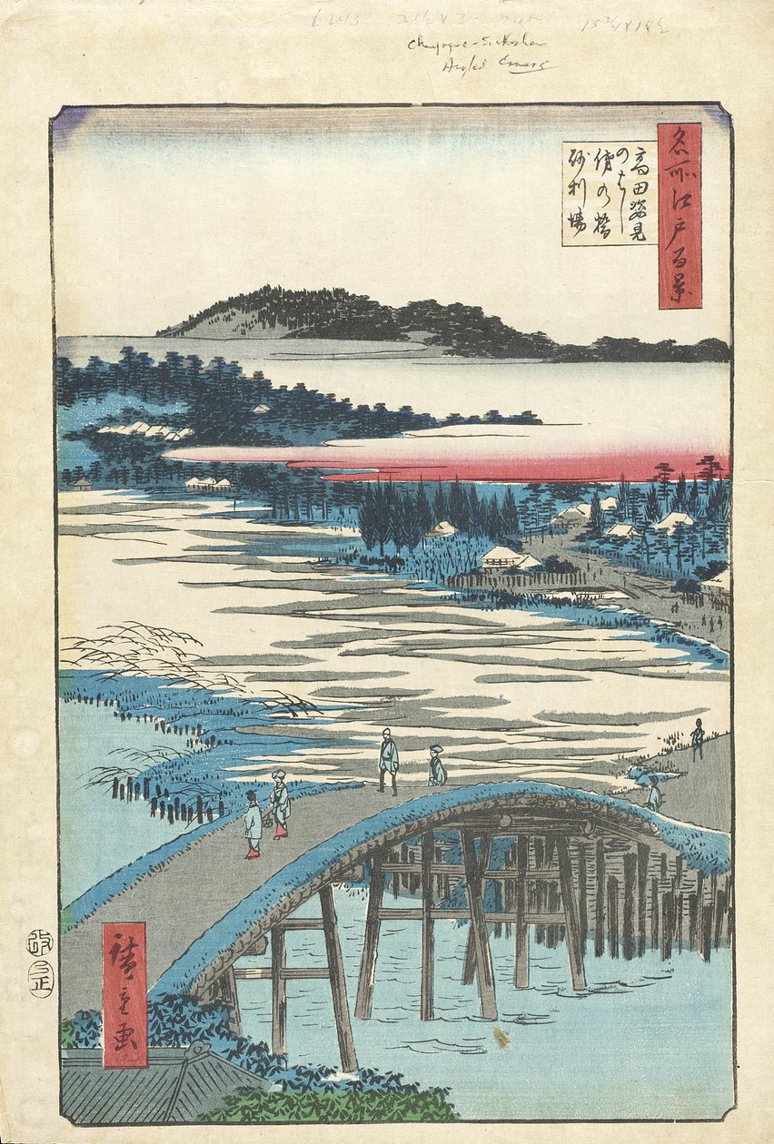 Sugatami-broen, Omokage-broen og Jariba ved Takata af Utagawa Hiroshige