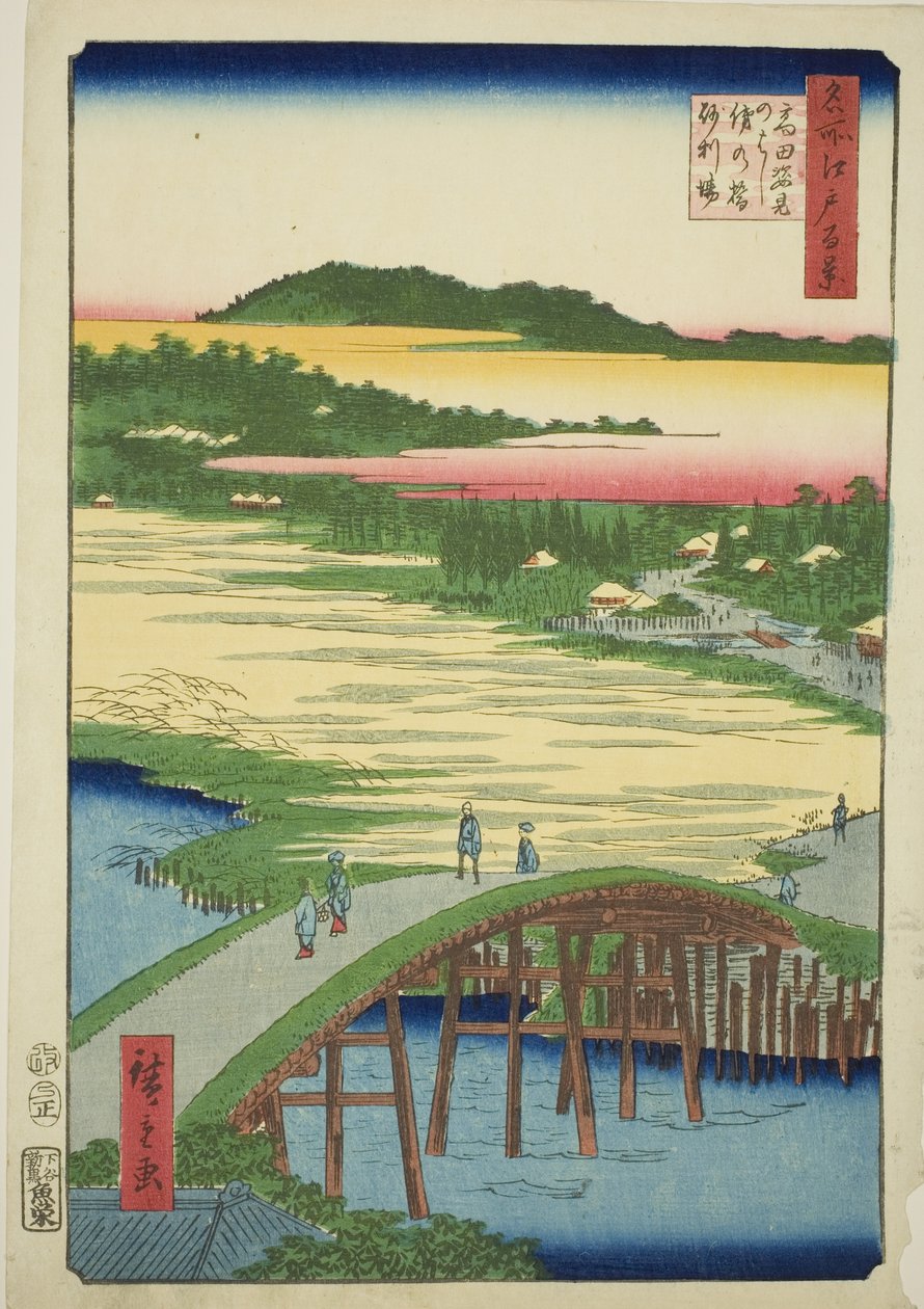 Sugatami Bridge, Omokage Bridge and the Gravel Pit at Takata (Takata Sugataminohashi Omokagenohashi jariba), fra serien "One Hundred Famous Views of Edo (Meisho Edo hyakkei)" af Utagawa Hiroshige