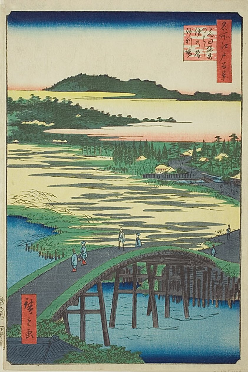 Sugatami Bridge, Omokage Bridge and the Gravel Pit at Takata (Takata Sugataminohashi Omokagenohashi jariba), nr. 116 fra serien "One Hundred Famous Views of Edo (Meisho Edo hyakkei)". af Utagawa Hiroshige