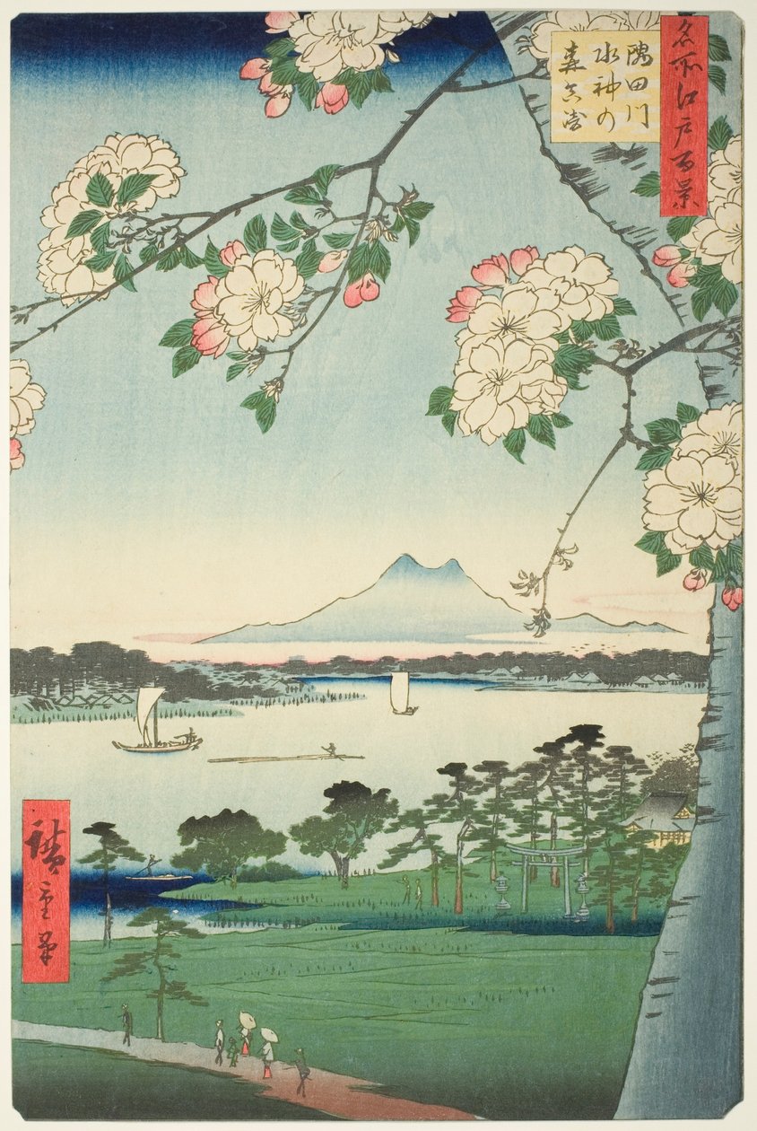 Suijin Shrine draft d first sound te sumida rive r (sumida river suijin no mori first), fra seriens "Ridge d red fa net s views f edo (et hundred views of Edo)" af Utagawa Hiroshige