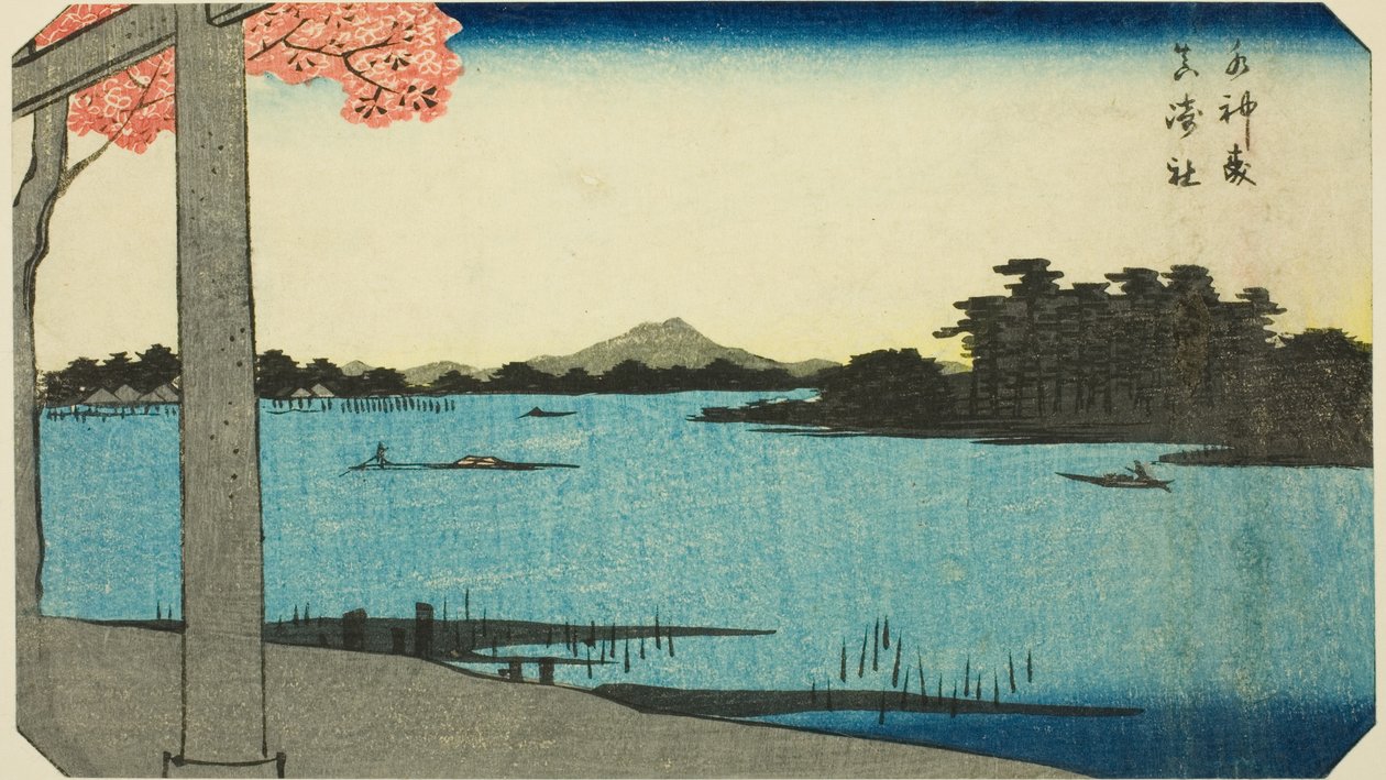 Suijin Woods and the Shrine at Massaki (Suijin no mori, Massaki yashiro), sektion af et ark fra serien "Udklippede billeder af berømte steder i Edo (Edo meisho harimaze zue)" af Utagawa Hiroshige