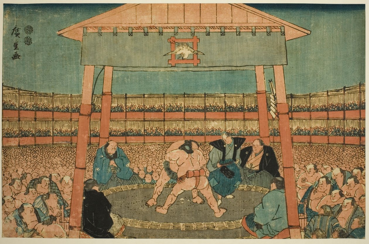 Sumo Match in the Precints of the Ekoin Temple (Ekoin keidai sumo no zu), fra serien "Ryogoku in the Eastern Capital (Toto Ryogoku)" af Utagawa Hiroshige