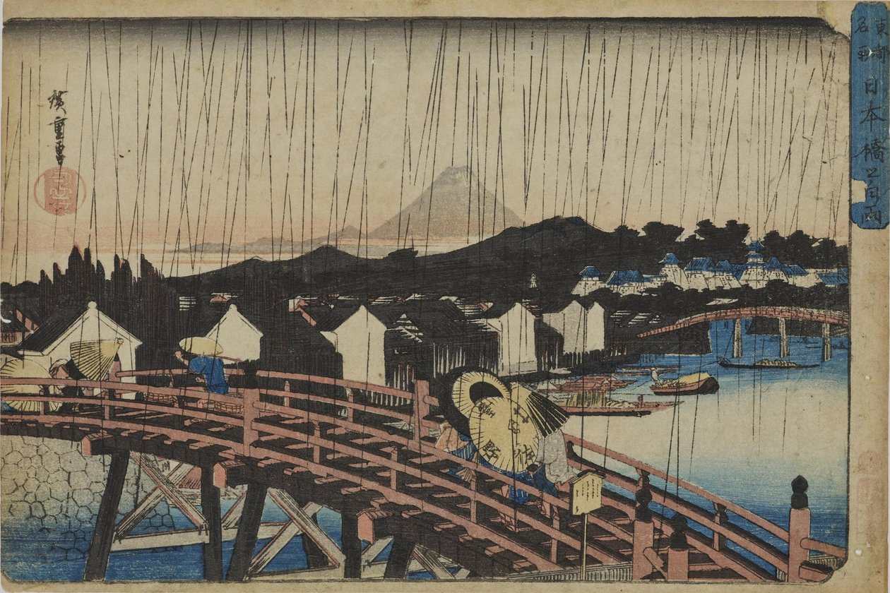 Solregn ved Nihonbashi-broen fra serien „Berømte steder i den østlige hovedstad“ af Utagawa Hiroshige