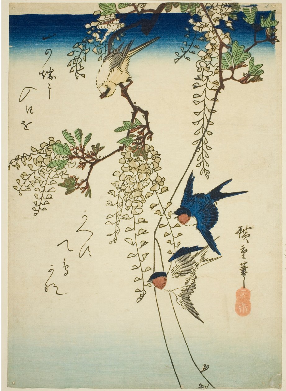 Svale, gul fugl og blåregn af Utagawa Hiroshige