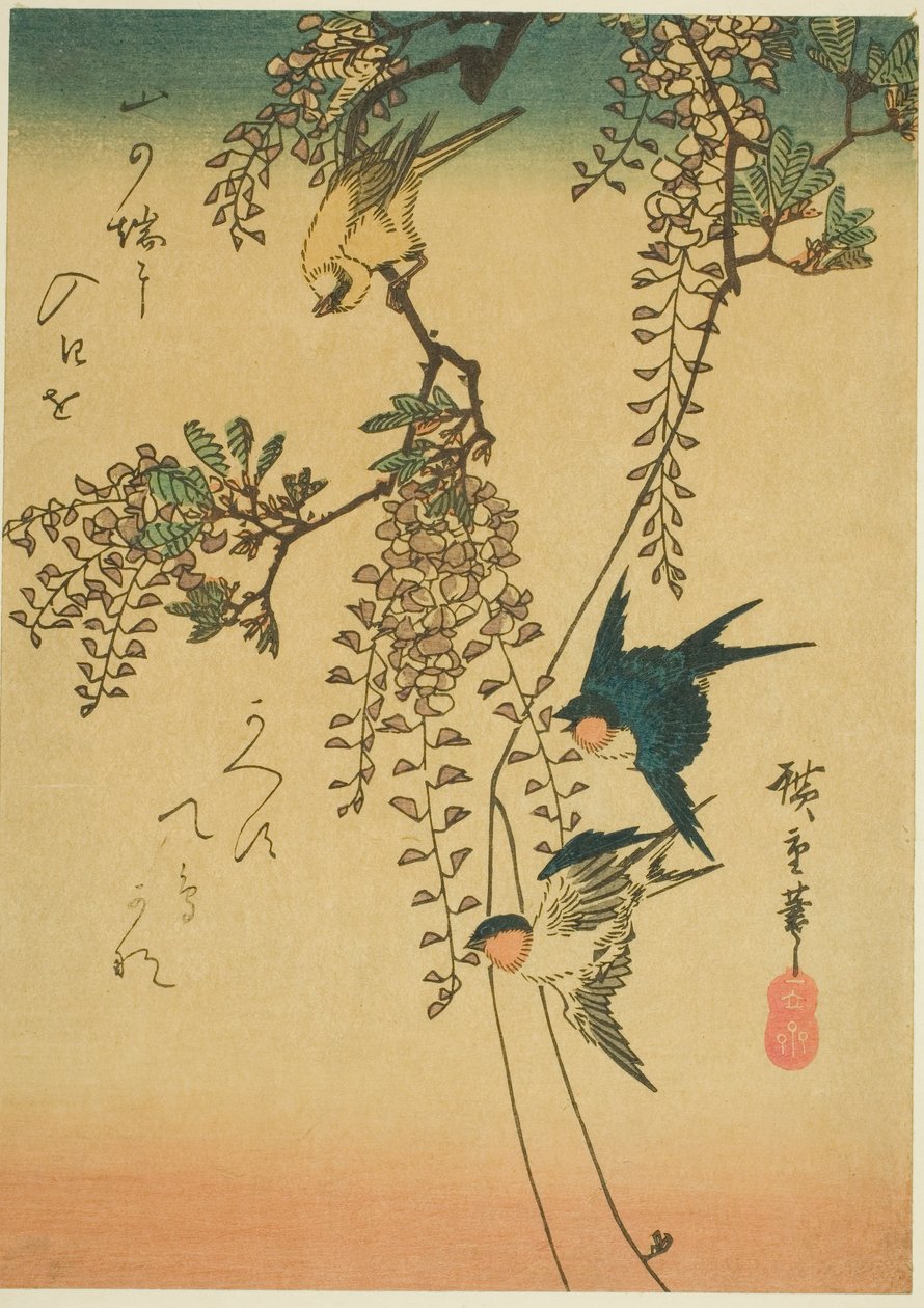 Svale, gul fugl og blåregn af Utagawa Hiroshige