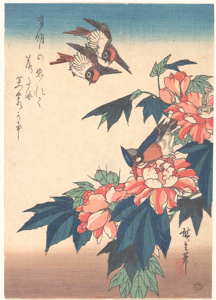 Svaler og isfugl med rosenhibiscus af Utagawa Hiroshige