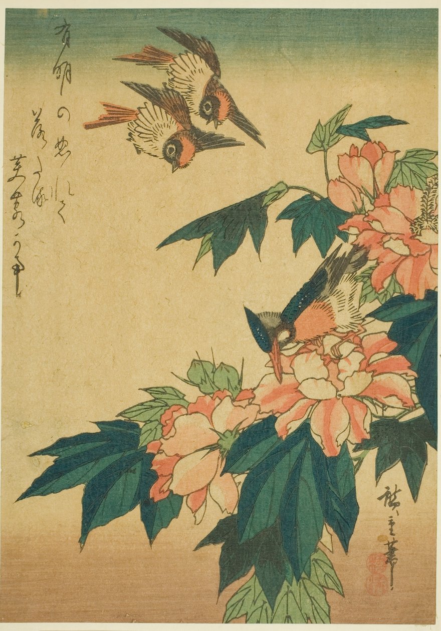 Svaler, isfugl og hibiscus af Utagawa Hiroshige