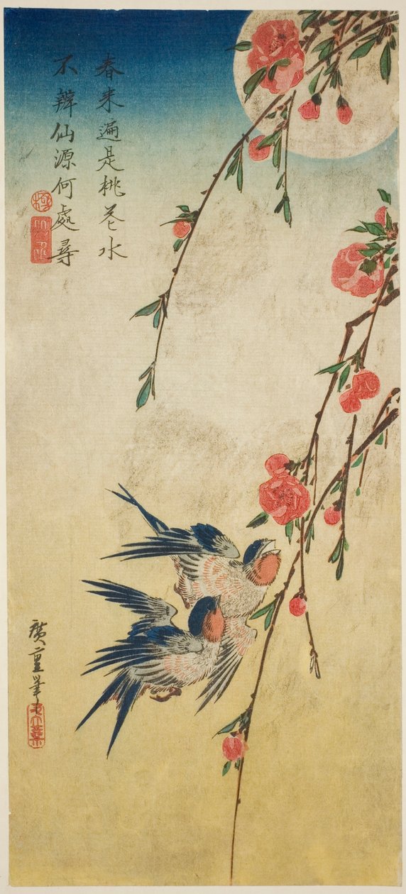 Svaler, pleach-blomster og fuldmåne af Utagawa Hiroshige
