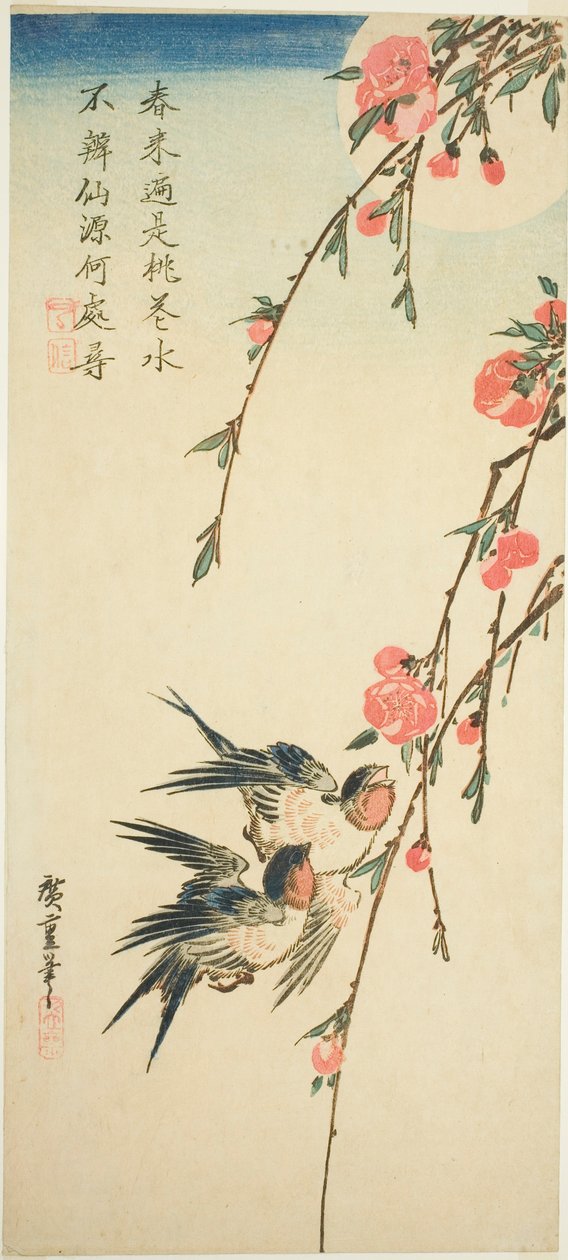 Svaler, pleach-blomster og fuldmåne af Utagawa Hiroshige