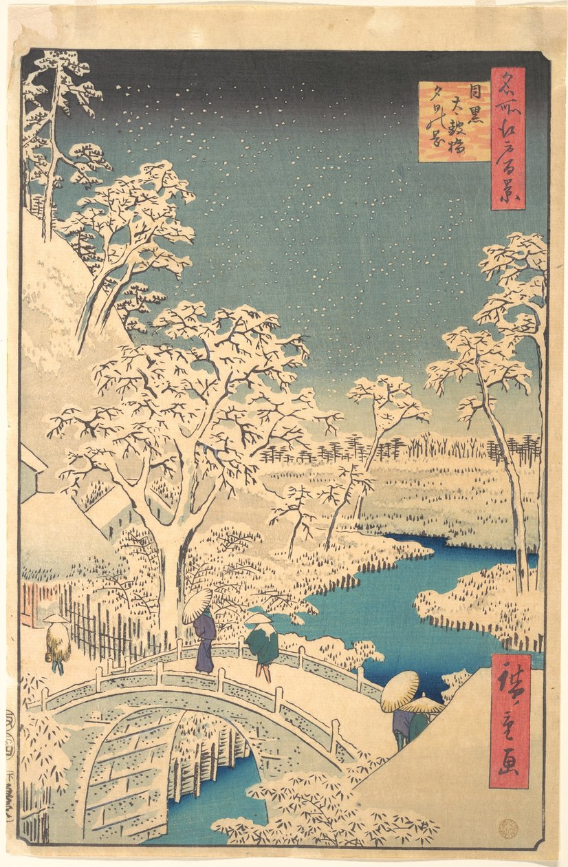 Taiko-broen, Meguro, en snefyldt aften af Utagawa Hiroshige