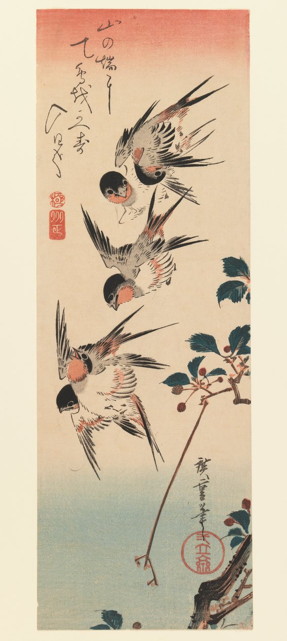 Tanzaku, Fire Svaler, 1832 (træbloktryk i farver) af Utagawa Hiroshige
