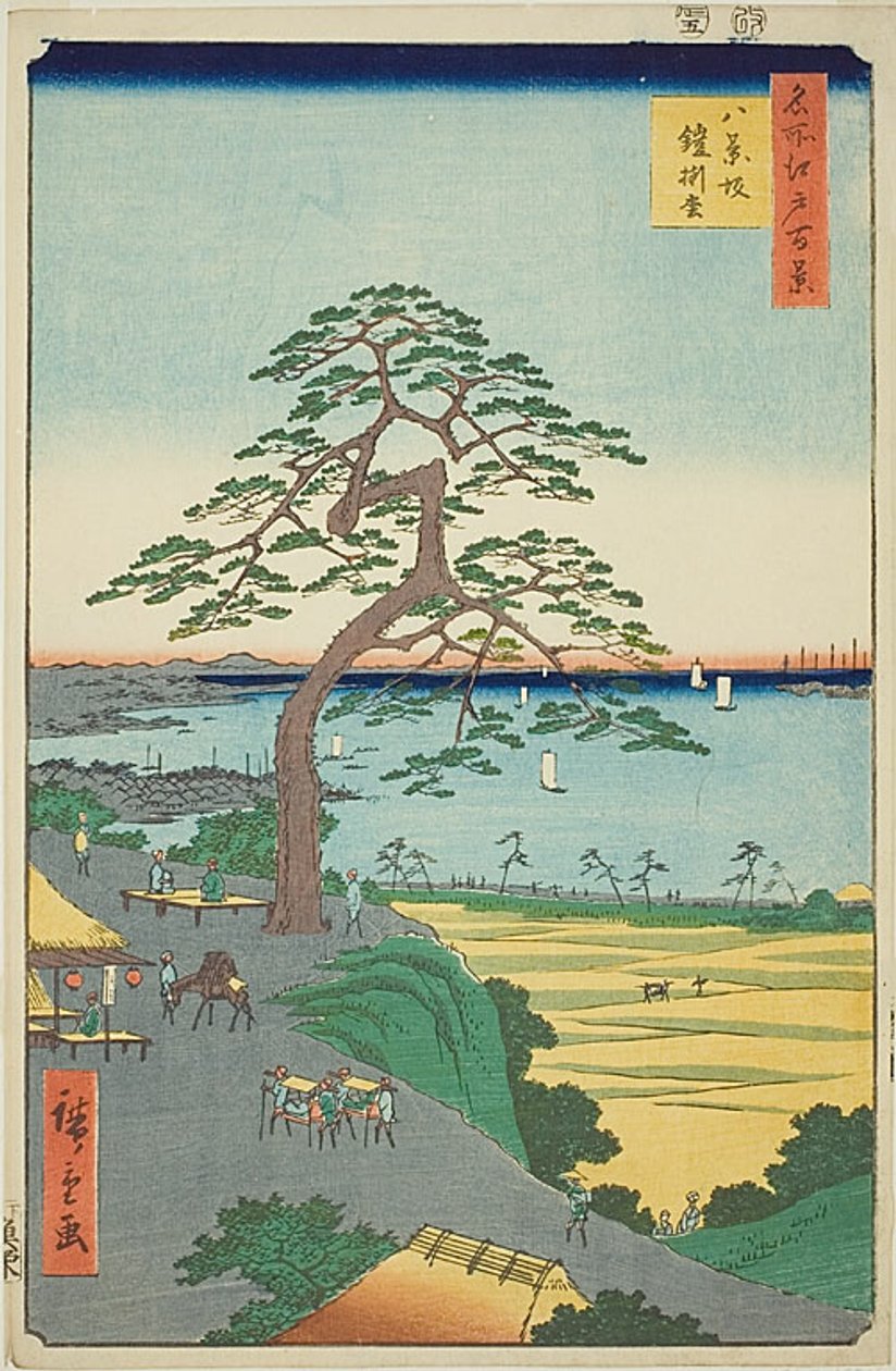 Det rustningshængende fyrretræ ved Hakkeizaka (Hakkeizaka Yoroikakematsu), nr. 26 fra serien "One Hundred Famous Views of Edo (Meisho Edo hyakkei)" af Utagawa Hiroshige