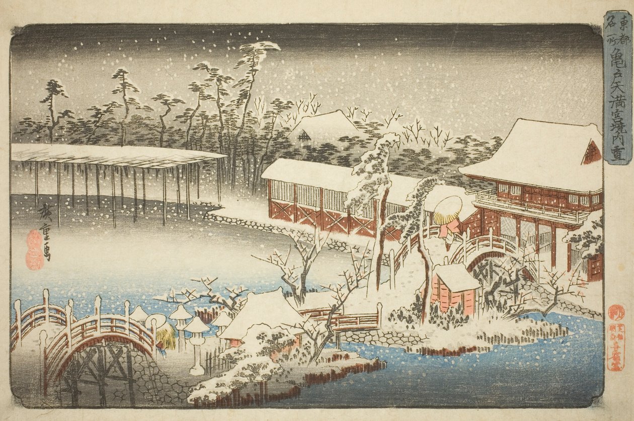 The Compound of the Tenman Shrine at Kameido in the Snow (Kameido Tenmangu keidai no yuki), fra serien "Famous Places in the Eastern Capital (Toto meisho)" af Utagawa Hiroshige