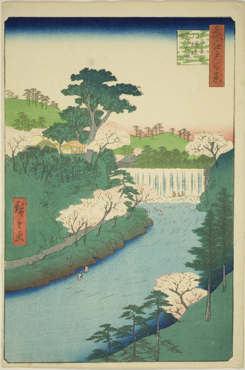 Dæmningen ved Otonashi-floden ved Oji, almindeligvis kaldet "Det Store Vandfald" (Oji Otonashigawa entai, sezoku Otaki til tonau), fra serien "One Hundred Famous Views of Edo (Meisho Edo hyakkei)" af Utagawa Hiroshige