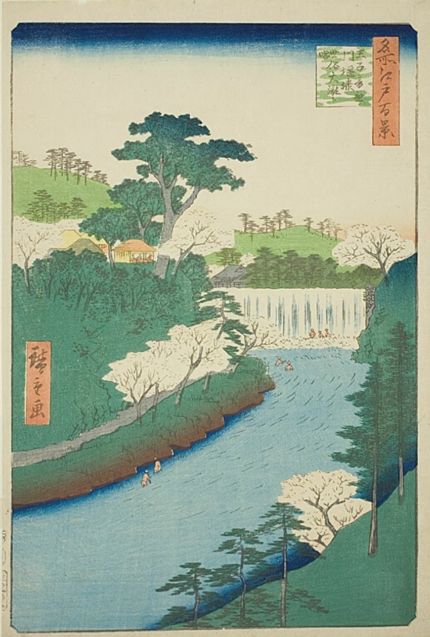 Dæmningen på Otonashi-floden ved Oji, almindeligvis kaldet "Det store vandfald" (Oji Otonashigawa entai, sezoku Otaki to tonau), nr. 19 fra serien "Hundrede berømte udsigter over Edo (Meisho Edo hyakkei)" af Utagawa Hiroshige