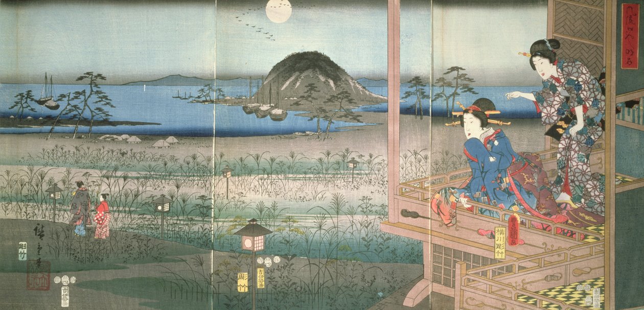 Lady Fujitsubo ser Prins Genji tage af sted i måneskin, 1853, (træblok i farver) af Utagawa Hiroshige