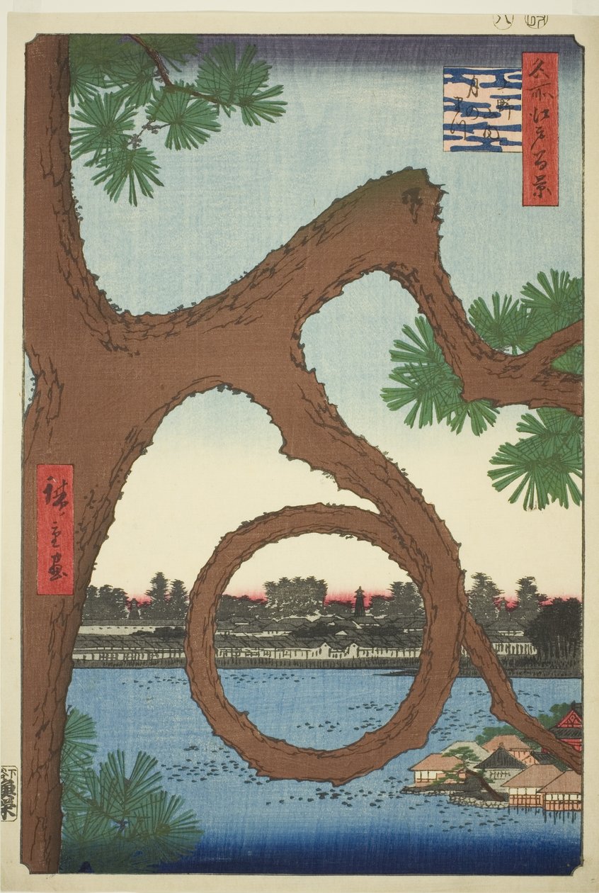 The Moon Pine on the Temple Grounds at Ueno (Ueno sannai Tsuki no matsu), fra serien "One Hundred Famous Views of Edo (Meisho Edo hyakkei)" af Utagawa Hiroshige
