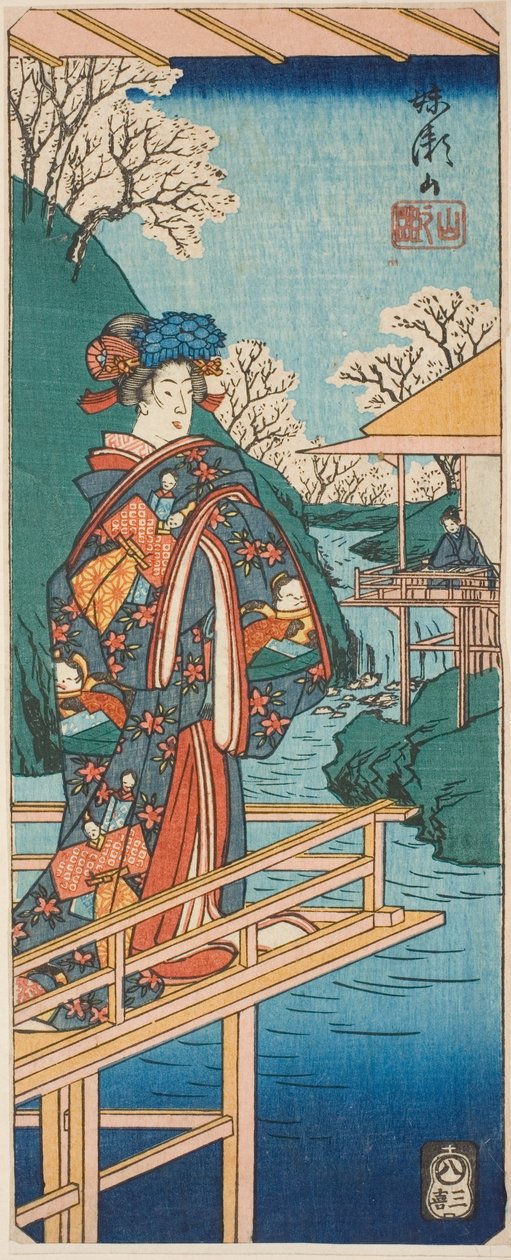 Bjergscenen fra stykket Imoseyama (Imoseyama, yama no dan), sektion af et ark fra serien "Reflections of Dramas in Cutouts (Harimaze joruri kagami)" af Utagawa Hiroshige