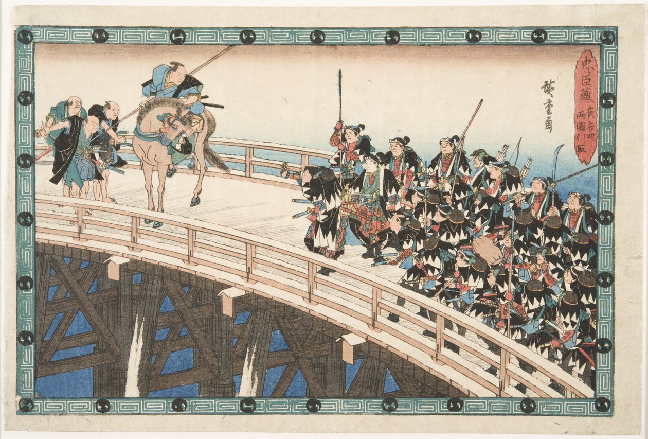 »Natteangrebet« – fjerde afsnit (faktisk det femte): Tilbagetoget over Ryōgoku-broen af Utagawa Hiroshige