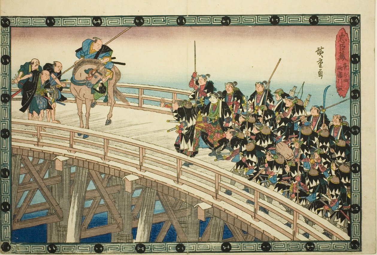 Natteangrebet, del 4 [sic; faktisk 5]: The Retreat across Ryogoku Bridge (Youchi yon, Ryogoku hikitori), fra serien "The Revenge of the Loyal Retainers (Chushingura)" af Utagawa Hiroshige