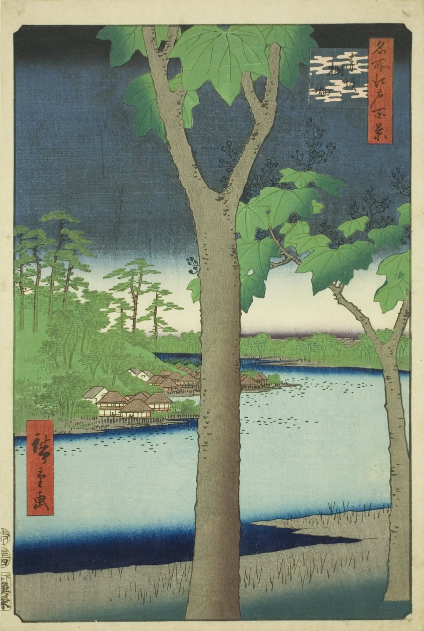 Te Paow nia Grove at Akasaka (Akasaka Kirihata), fra serien "Ridge for dre d Fa net s views of Edo (Et hundrede berømte seværdigheder i Edo)" af Utagawa Hiroshige