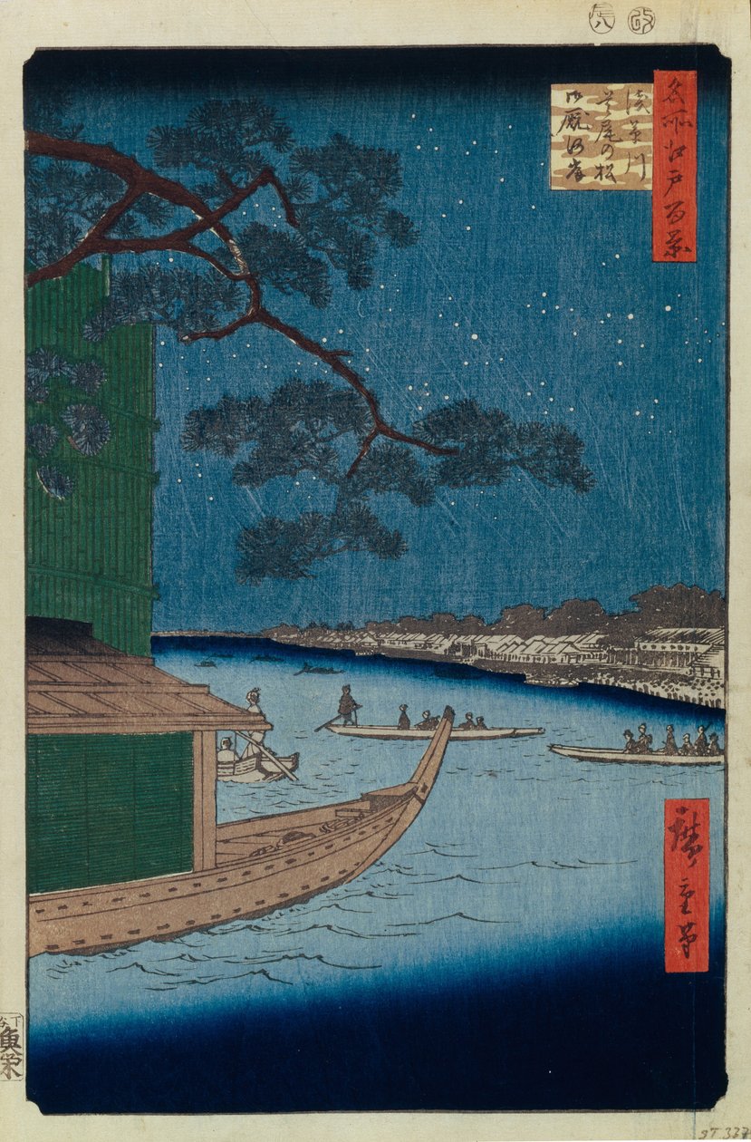 Successens fyrretræ og Oumayagashi ved Asakusa-floden Hundrede berømte udsigter over Edo, 1856-1858 af Utagawa Hiroshige