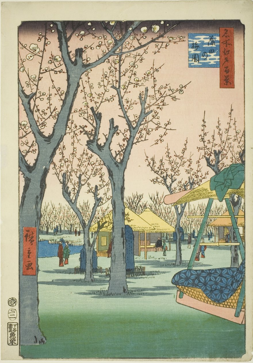 The Plum Orchard at Kamata (Kamata no umezono), fra serien "One Hundred Famous Views of Edo (Meisho Edo hyakkei)" af Utagawa Hiroshige
