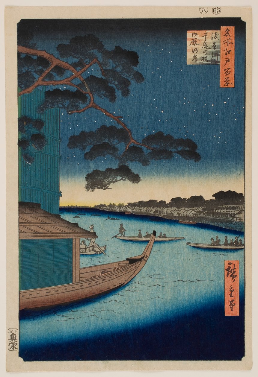 Møde-fyrren nær Asakusa-floden og Oumaya-bredden ved Sumida-floden, fra serien «Hundrede berømte udsigter over Edo» af Utagawa Hiroshige