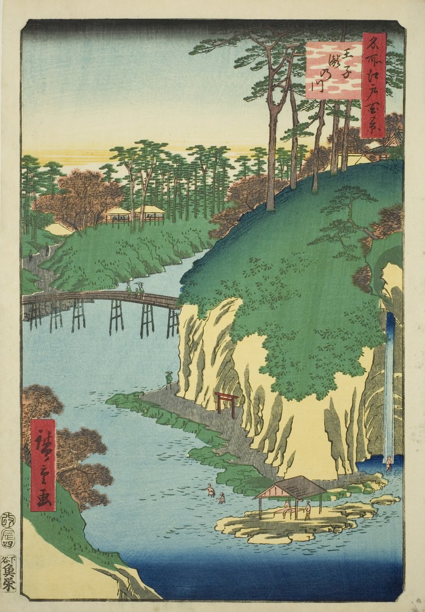 The River of Waterfalls at Oji (Oji Takinogawa), fra serien "One Hundred Famous Views of Edo (Meisho Edo hyakkei)" af Utagawa Hiroshige
