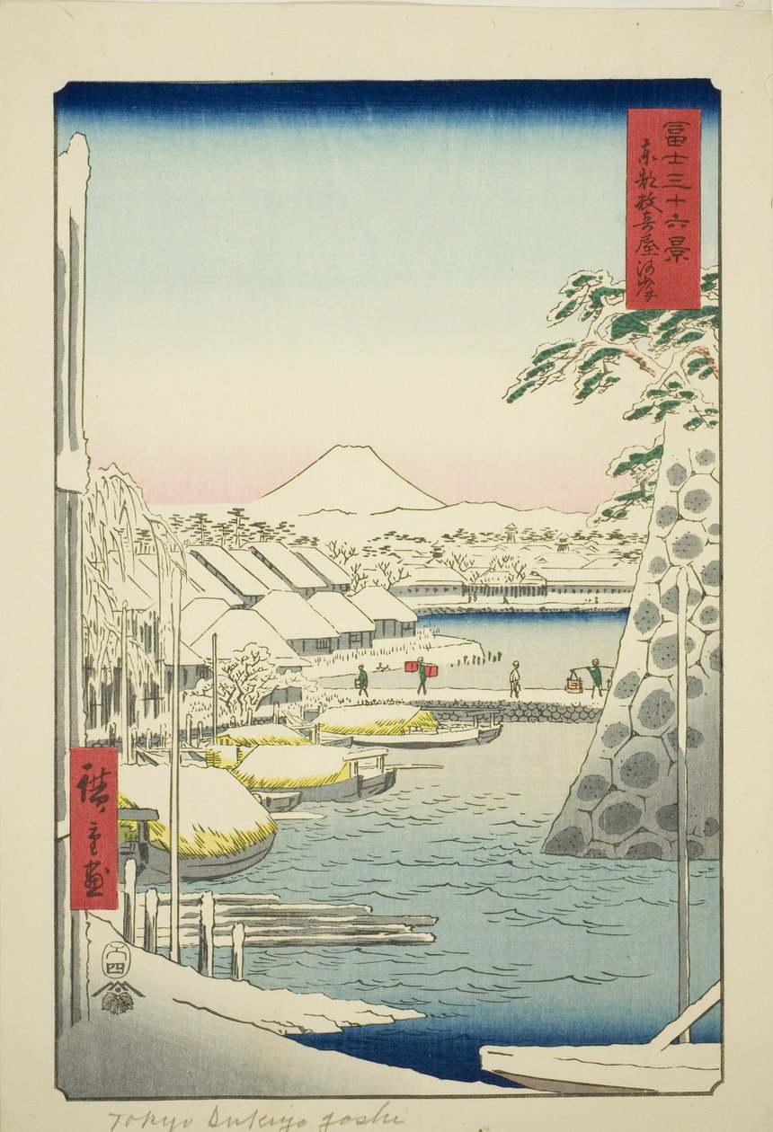 Flodbredden ved Sukiya i den østlige hovedstad (Toto Sukiyagashi), fra serien "Seksogtredive udsigter over Mount Fuji (Fuji sanjurokkei)" af Utagawa Hiroshige