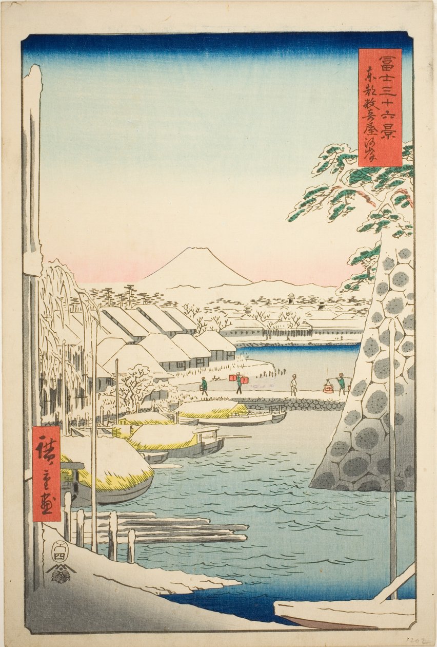 Flodbredden ved Sukiya i den østlige hovedstad (Toto Sukiyagashi), fra serien "Seksogtredive udsigter over Mount Fuji (Fuji sanjurokkei)" af Utagawa Hiroshige
