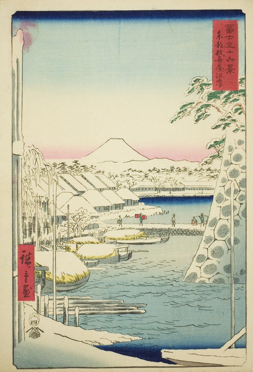 Flodbredden ved Sukiya i den østlige hovedstad (Toto Sukiyagashi), fra serien "Seksogtredive udsigter over Mount Fuji (Fuji sanjurokkei)" af Utagawa Hiroshige