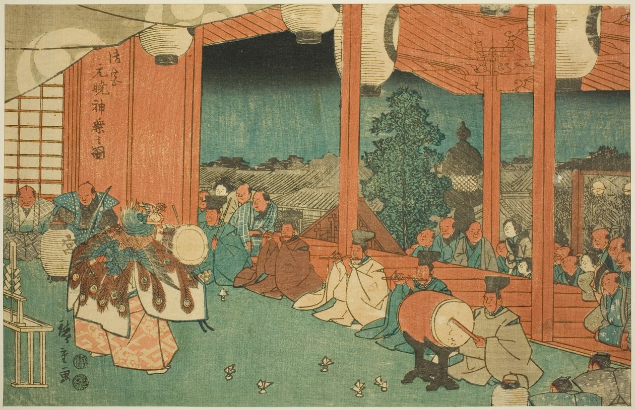 The Sacred Dance at the Shinmei Shrine in Shiba at Dawn (Shiba Shinmei, Omiya gengyo kagura no zu), fra serien "Famous Places in the Eastern Capital (Toto meisho)" af Utagawa Hiroshige