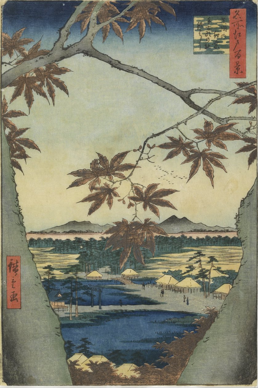 Maplebladene fra Mama, Tekona-helligdommen og Tsugi-broen af Utagawa Hiroshige