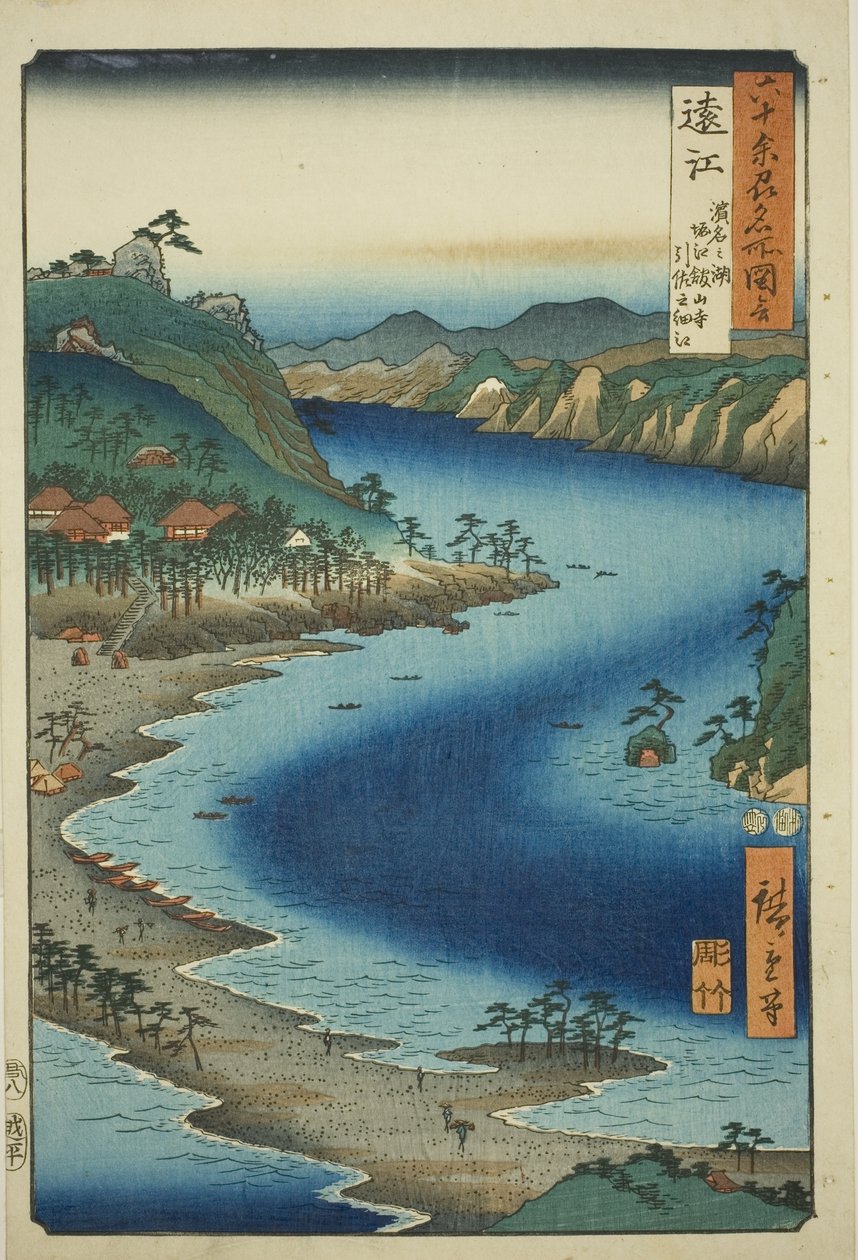 Totomi-provinsen: The Narrow Inlet of Inasa nær Kanzan-templet på Hamana-søen ved Horie (Totomi, Hamana no umi, Horie Kanzanji, Inasa no hosoe), fra serien "Famous Places in the Sixty-odd Provinces (Rokujuyoshu meisho zue)" af Utagawa Hiroshige