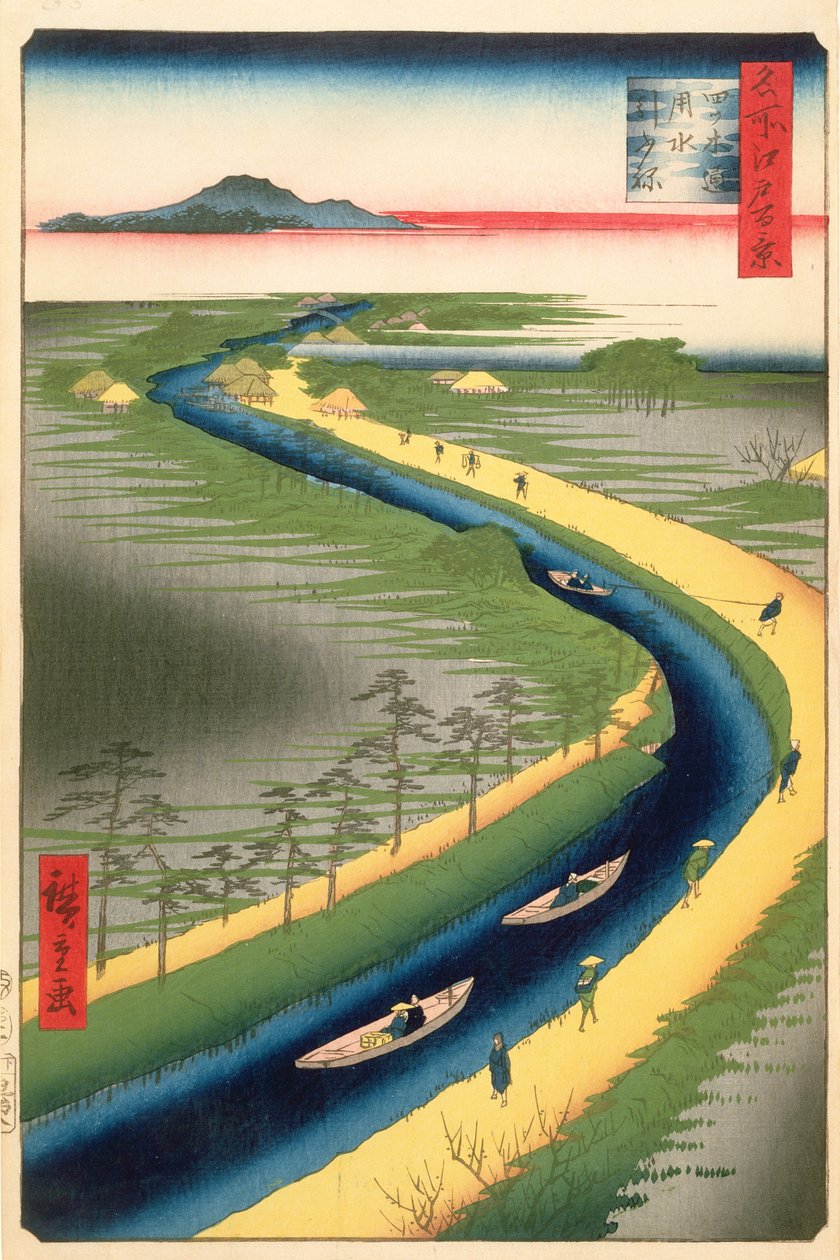 Trækbåde langs Yotsugi-dori-kanalen, plade 33 fra serien One Hundred Famous Views of Edo, Edo Period, Ansei Era, 1857 (træbloktryk) af Utagawa Hiroshige