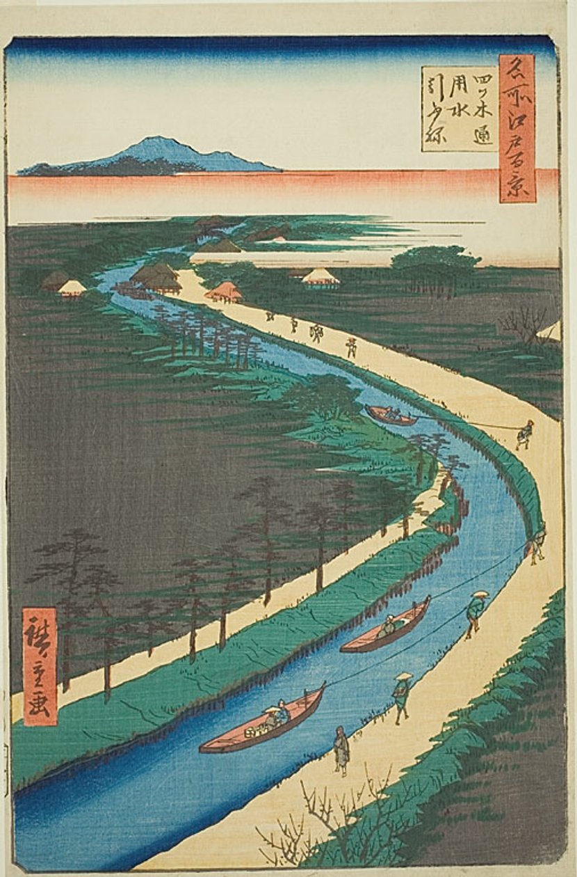 Slæbebåde langs Yotsugidori-kanalen (Yotsugidori yosui hikifune), nr. 33 fra serien "One Hundred Famous Views of Edo (Meisho Edo hyakkei)" af Utagawa Hiroshige
