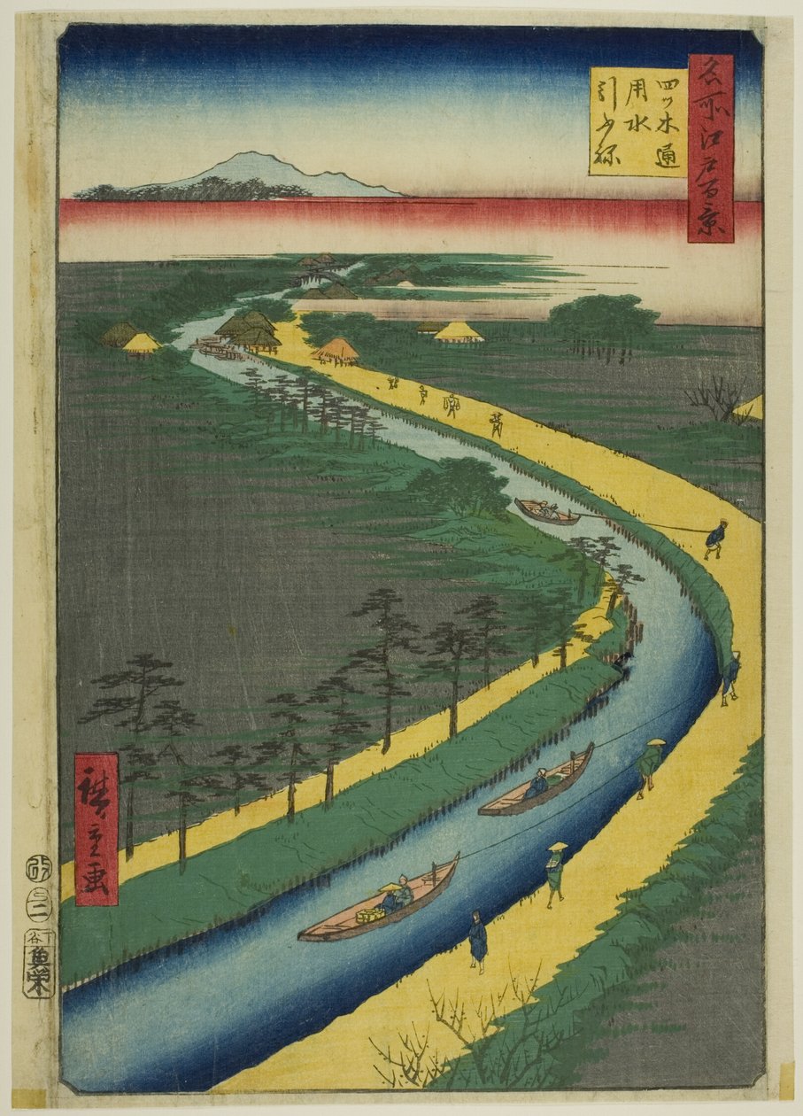 Bugserbåde langs Yotsugidori-kanalen (Yotsugidori yosui hikifune), fra serien "One Hundred Famous Views of Edo (Meisho Edo hyakkei)" af Utagawa Hiroshige