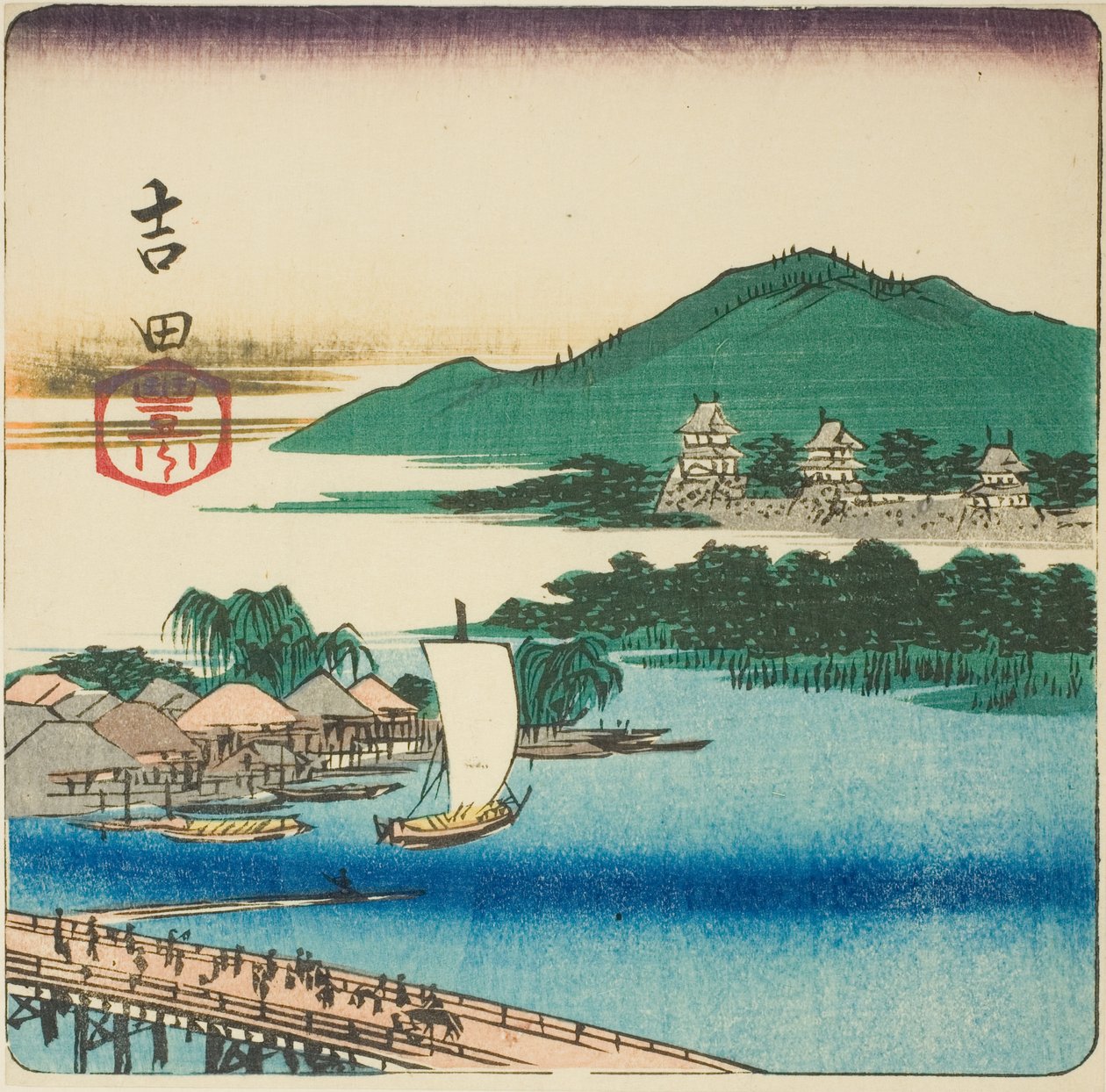 Toyo River ved Yoshida (Yoshida, Toyokawa), sektion af et ark fra serien "Cutouts of the Fifty-tre Stations (Gojusan tsugi harimaze)" af Utagawa Hiroshige