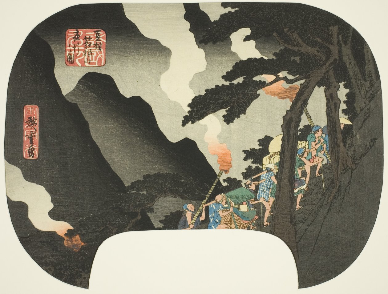 At rejse om natten i Hakone-bjergene på grænsen mellem Izu og Sagami-provinserne (Zuso Hakone-yama yako no zu), fra serien "Famous Places in the Various Provinces (Shokoku meisho)" af Utagawa Hiroshige