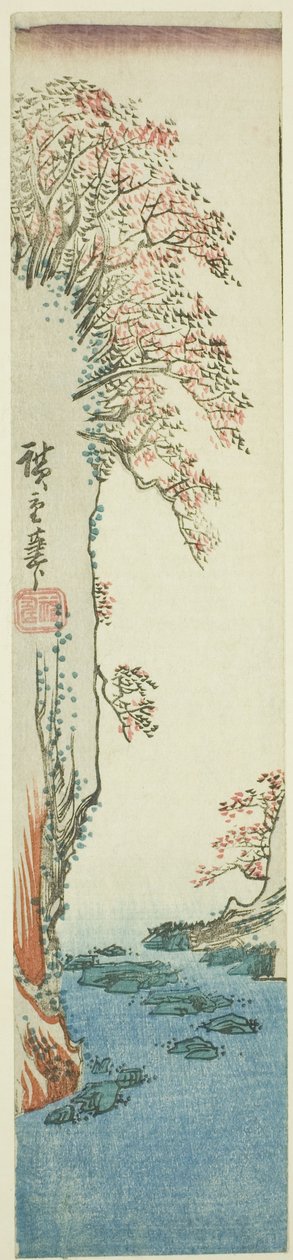 Træer på en klippe over en flod af Utagawa Hiroshige