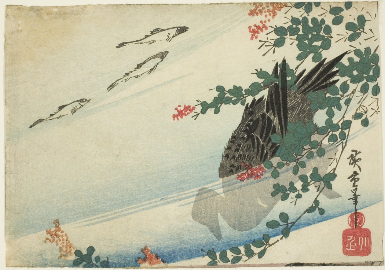 Ørreder, and og buskløver af Utagawa Hiroshige
