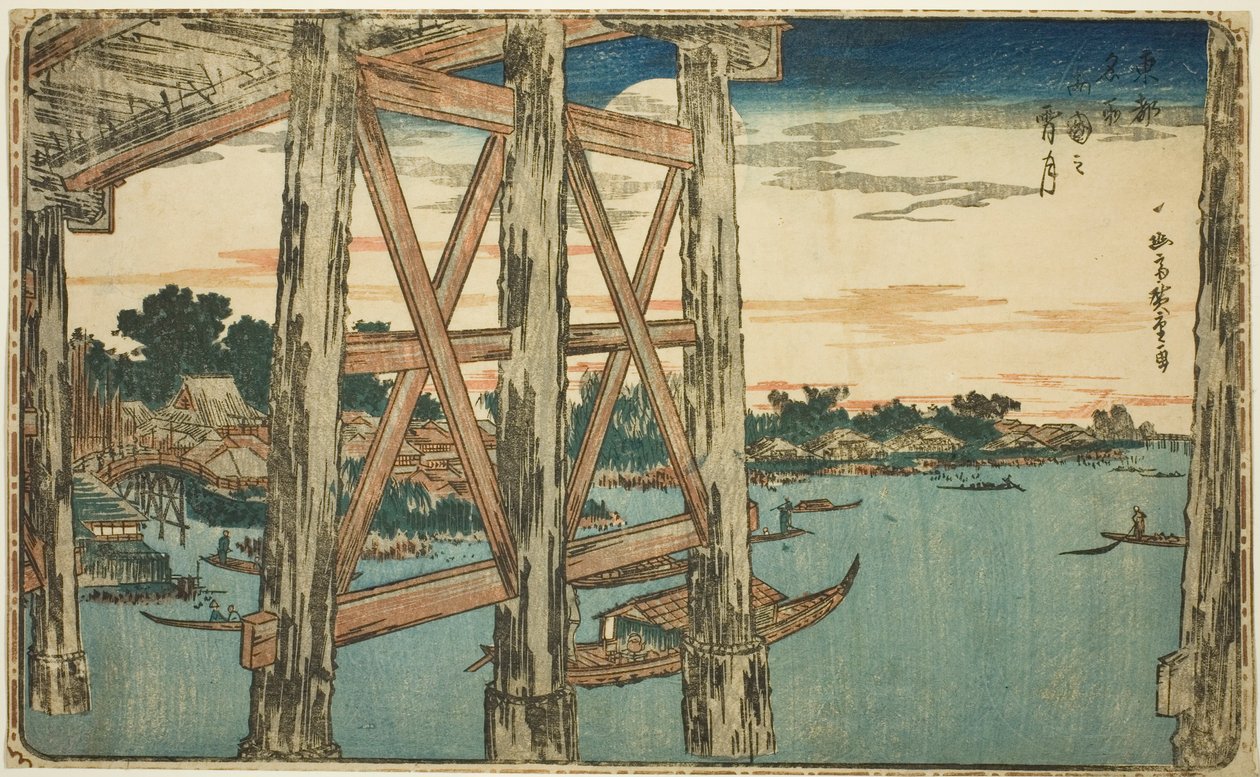 Twilight Moon at the Ryogoku Bridge (Ryogoku no yoizuki), fra serien "Famous Views of the Eastern Capital (Toto Meisho)" af Utagawa Hiroshige