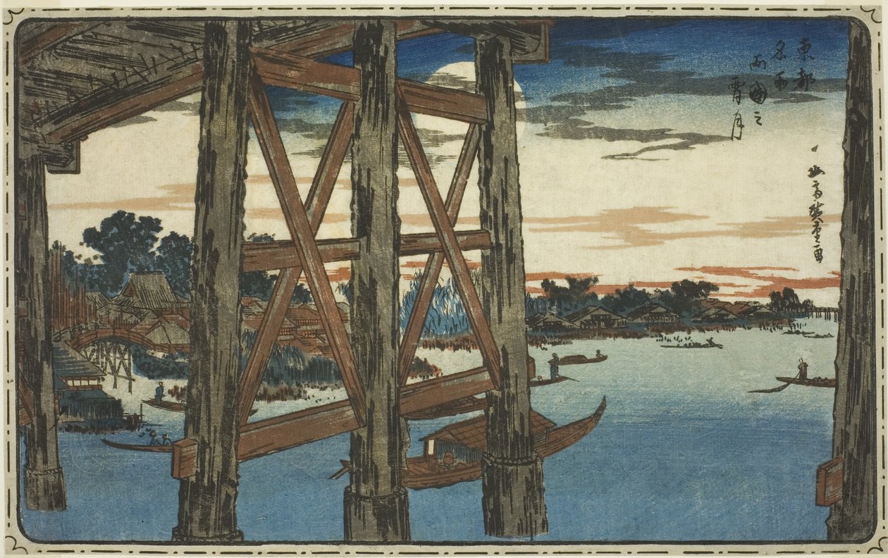 Twilight Moon at the Ryogoku Bridge (Ryogoku no yoizuki), fra serien "Famous Views of the Eastern Capital (Toto meisho)" af Utagawa Hiroshige