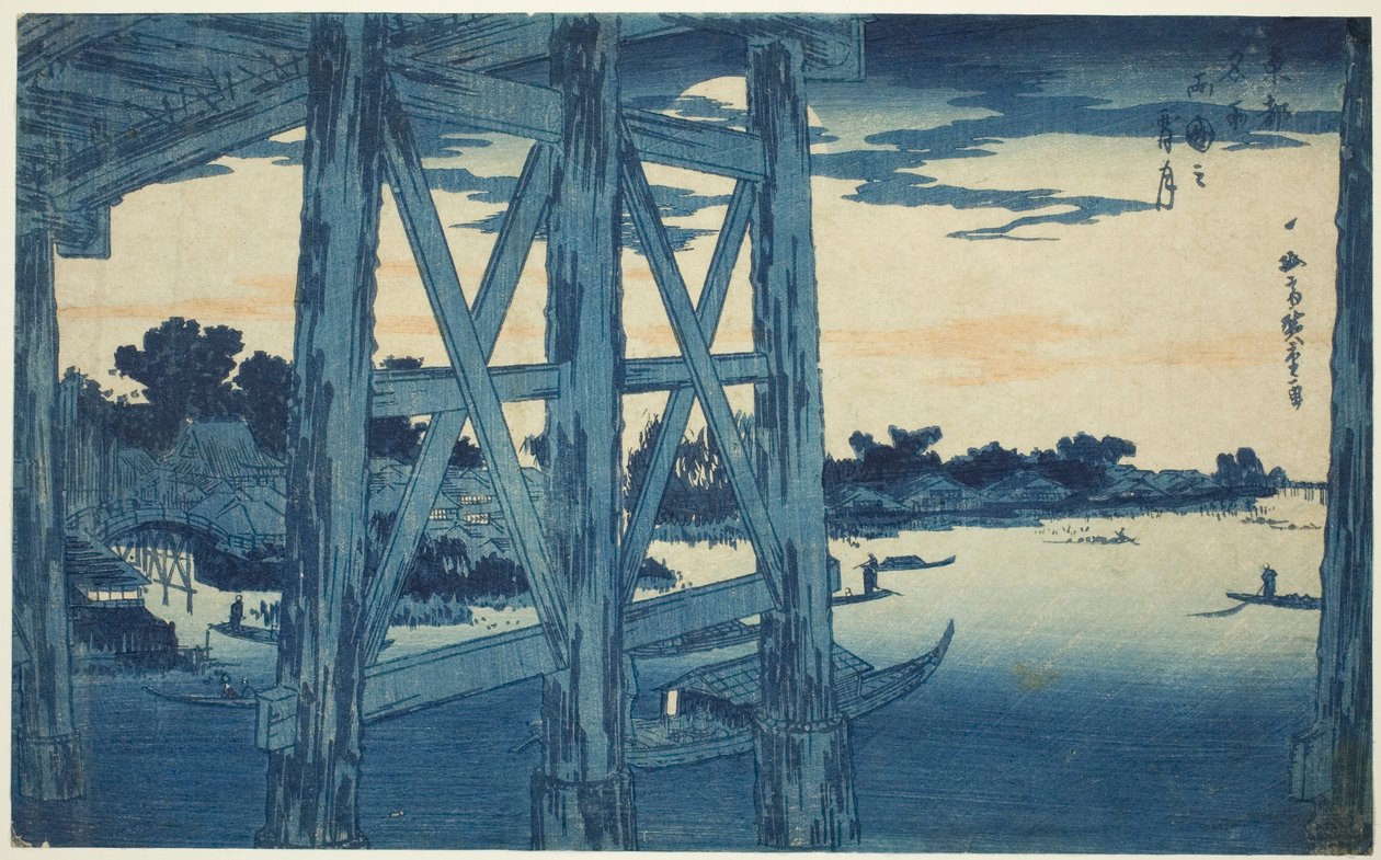 Twilight Moon at the Ryogoku Bridge (Ryogoku no yoizuki), fra serien "Famous Views of the Eastern Capital (Toto meisho)" af Utagawa Hiroshige